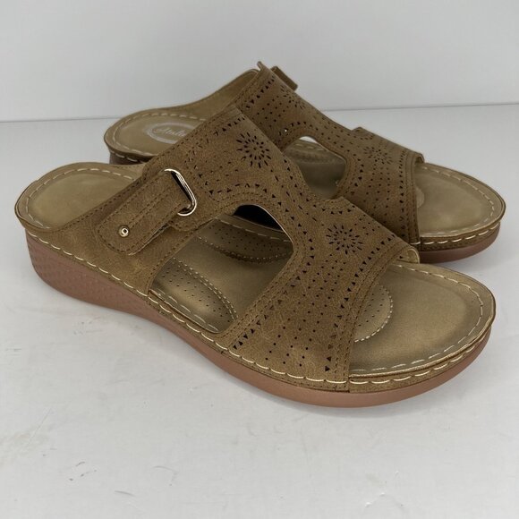 Atalina SuedeLook Comfort Feel Sandals Womens Size 9.5 EU 41 Tan Wedge Heels - Picture 2 of 9